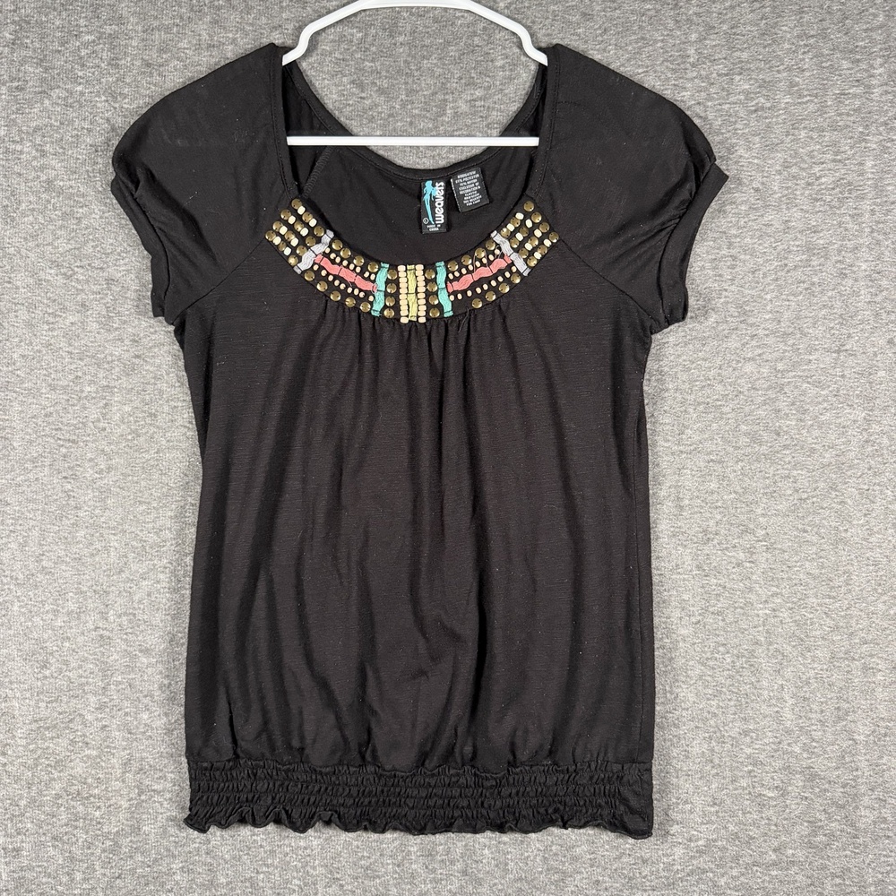 Weavers Womens Large Black Beaded Scoop Neck Top Cap Sleeve Smocked Hem Boho